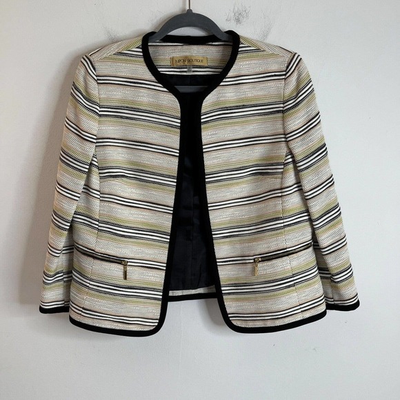 Nipon Boutique Women's Tweed Blazer Jacket 8 Striped Open Front 3/4 Sleeve Cream - Picture 2 of 7